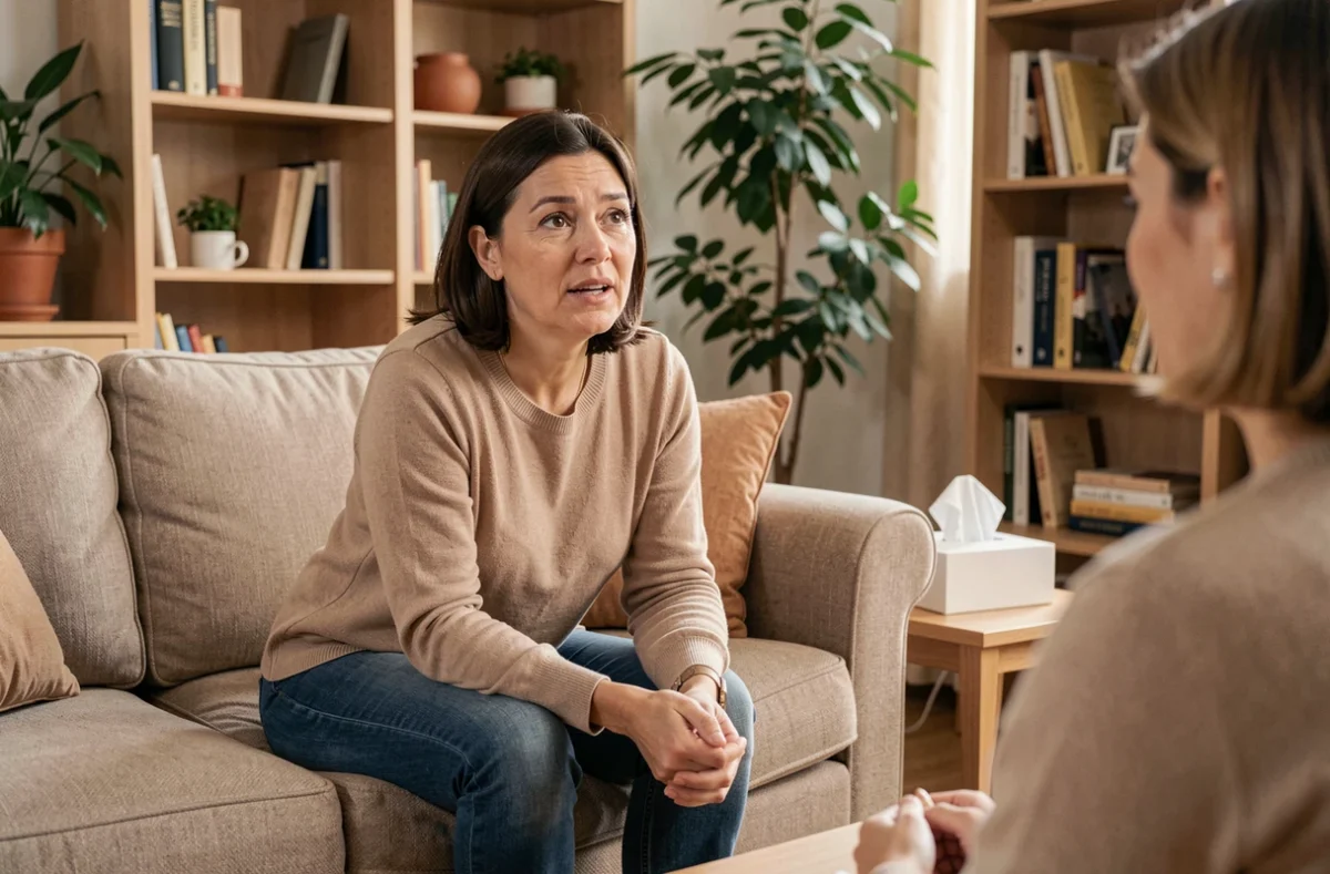 Femme en consultation chez un thérapeute dans un cabinet chaleureux, illustrant la consultation d'un professionnel de santé mentale