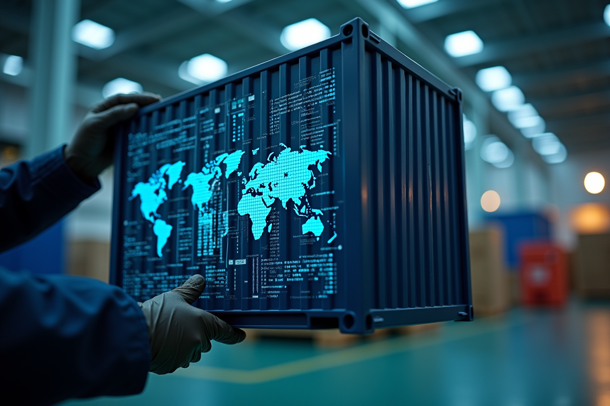 Conteneur avec code blockchain et technicien en gants dans un centre logistique