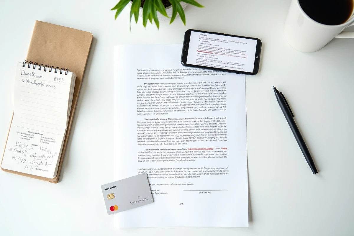 Vue aérienne d'un contrat imprimé avec termes encerclés, carte bancaire et smartphone montrant des conditions d'abonnement piégeux