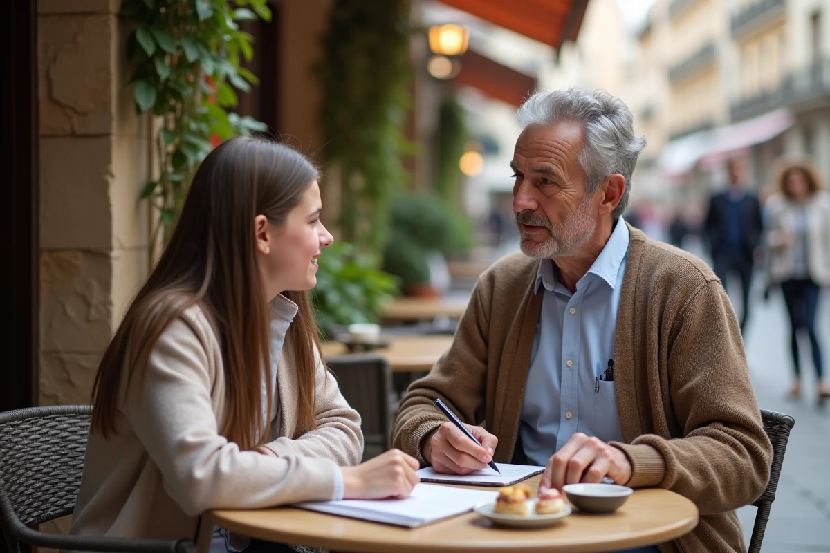 Homme et adolescente discutant avec un livre de grammaire française au café