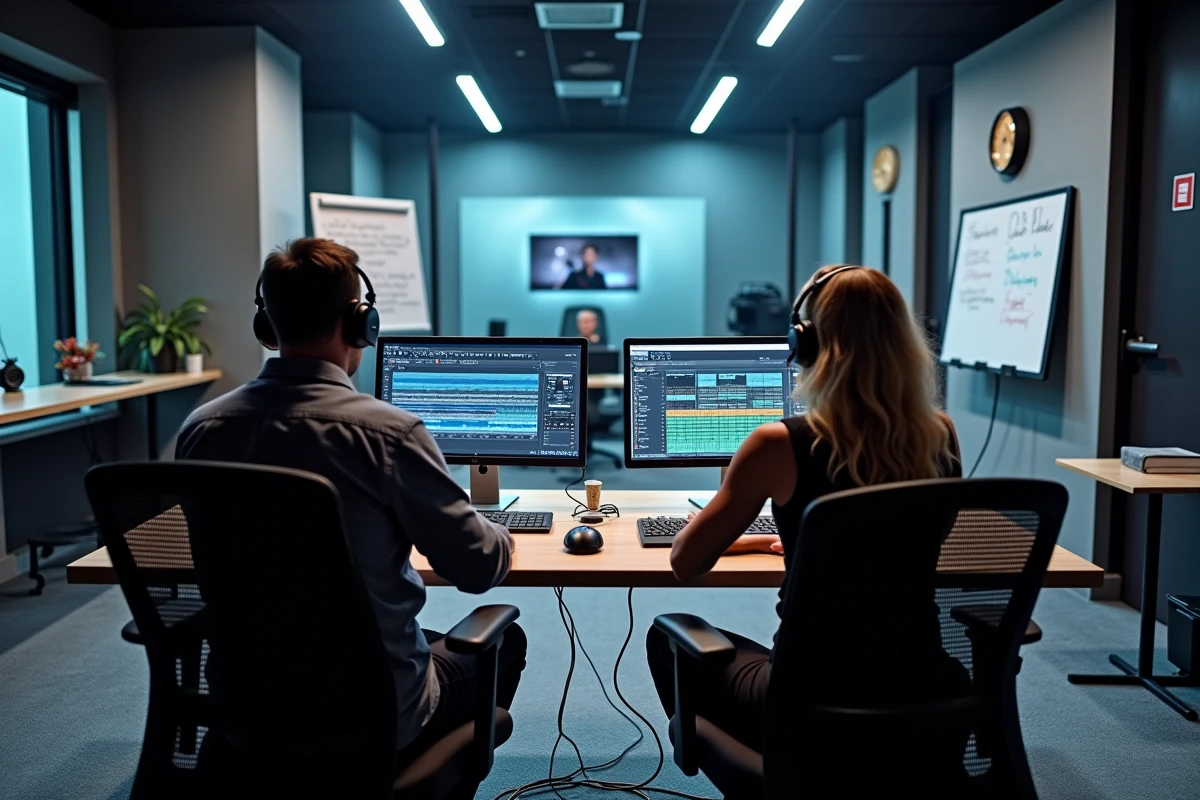 Coulisses d'une station de radio avec deux producteurs en régie devant des moniteurs audio et une vitre donnant sur le studio