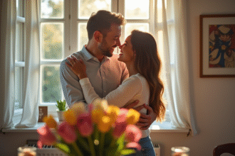 Couple heureux célébrant leur anniversaire à la maison