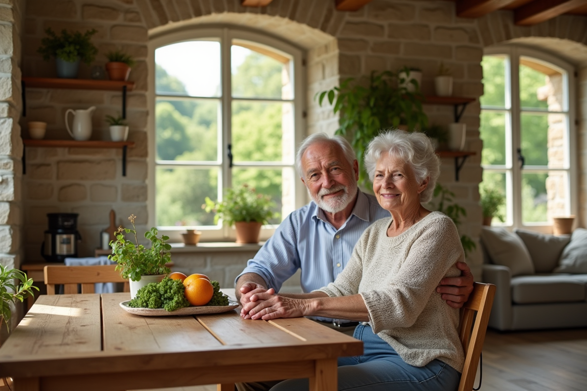 Couple agee dans cuisine lumineuse d