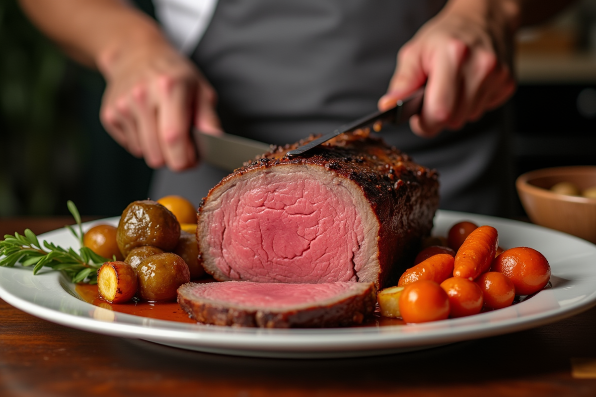 Chef découpant un rôti de bœuf avec légumes rôtis