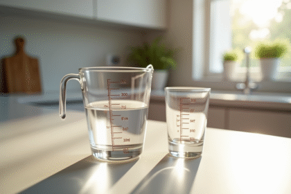 Plan de travail avec verre doseur de 30 ml en cuisine