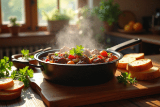 Table rustique avec pot de carbonade flamande chaude