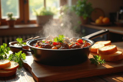 Table rustique avec pot de carbonade flamande chaude