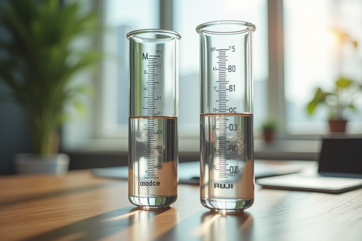 Deux cylindres gradués avec 80 ml et 8 cl sur table en bois
