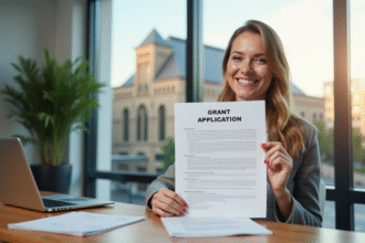 Adulte souriant tenant un formulaire de subvention dans un bureau lumineux