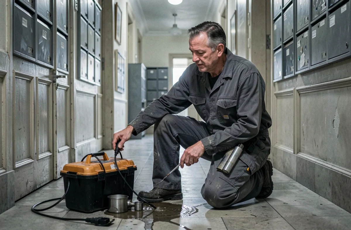 Plombier Dépannage 24 intervenant de nuit dans un couloir d'immeuble lyonnais pour une fuite d'eau