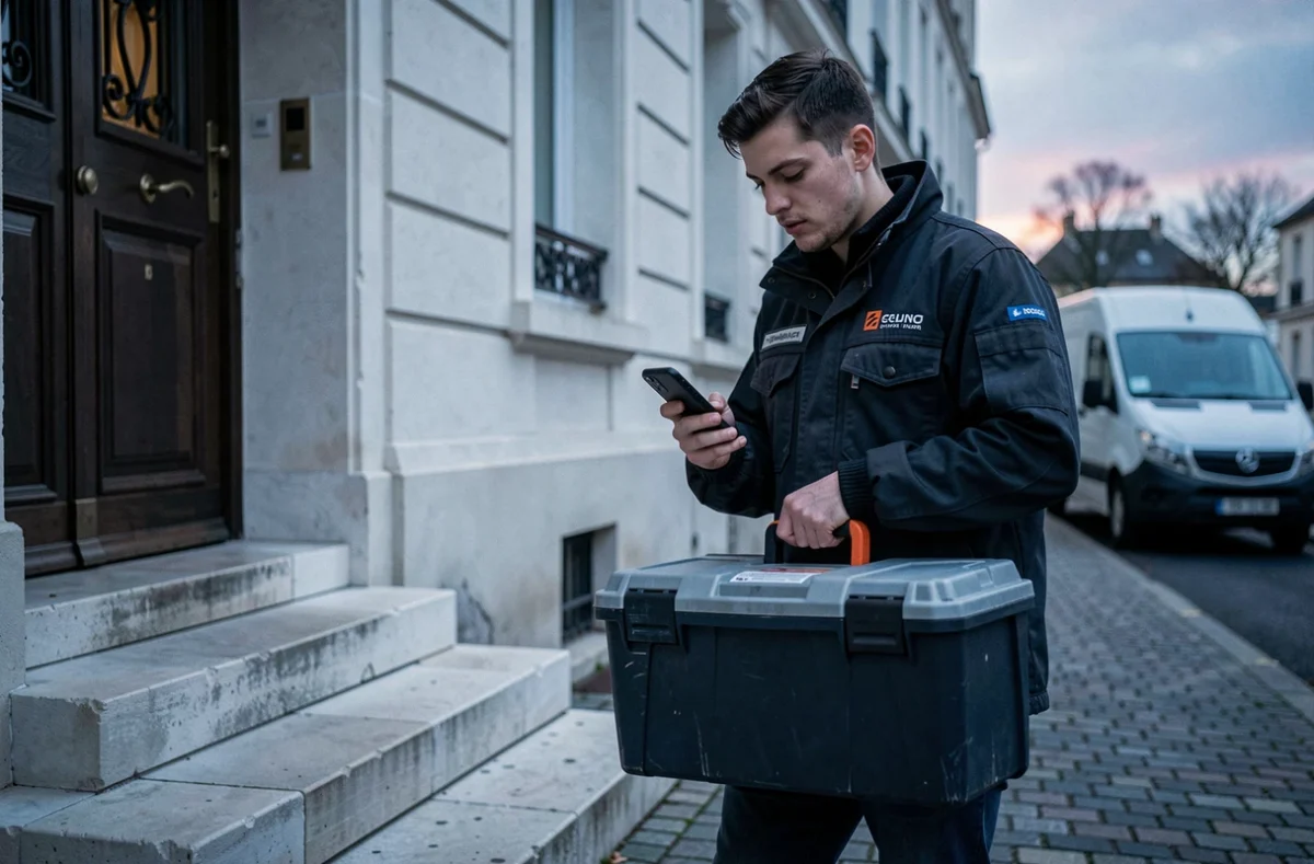 Électricien Depanneo Angers arrivant en urgence avec sa boîte à outils devant un immeuble résidentiel à la tombée du jour