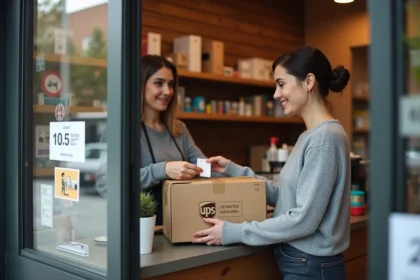 Femme déposant un colis UPS au comptoir d'un point relais en boutique de quartier