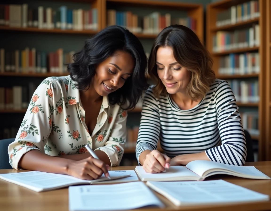 Deux femmes étudiant ensemble les 200 questions de naturalisation dans une bibliothèque publique