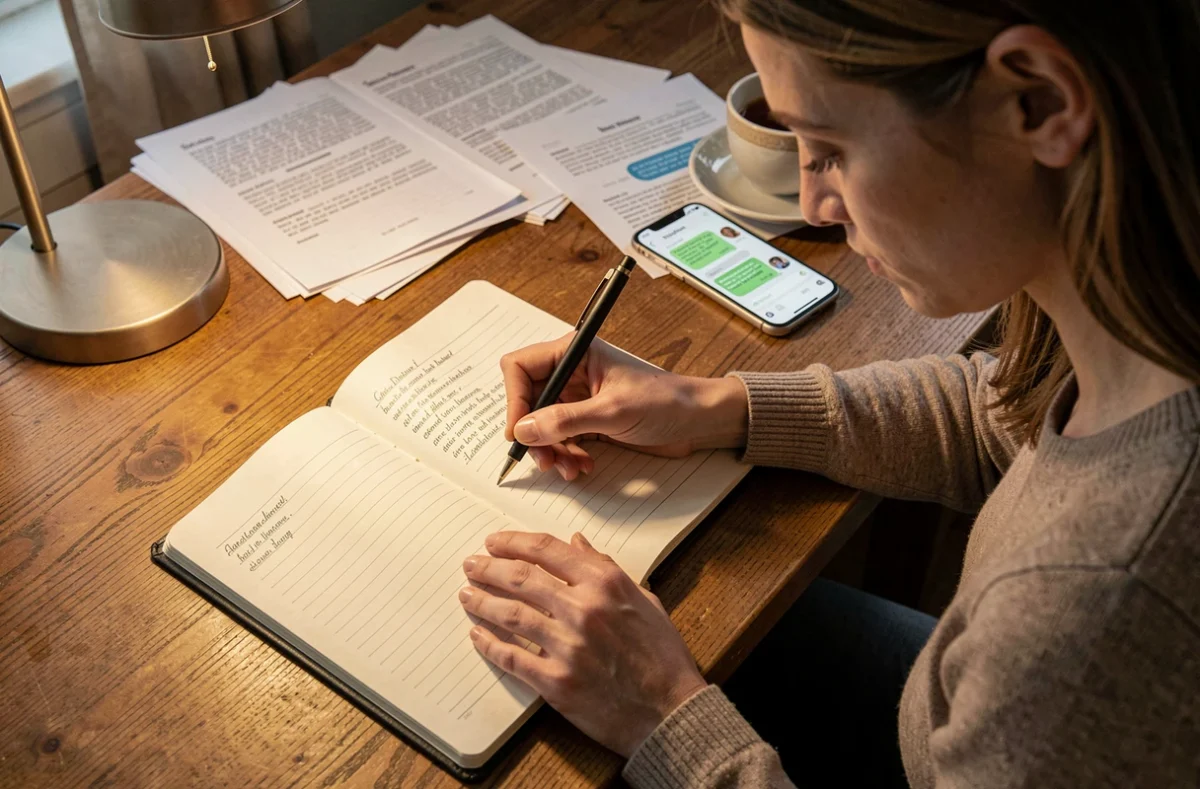 Femme notant soigneusement des échanges dans un carnet à côté de son téléphone, illustrant la documentation écrite des échanges