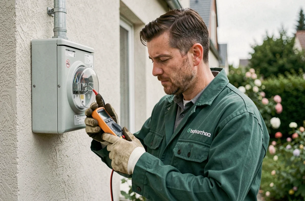 Technicien Eco Énergie Électrique inspectant un compteur électrique sur une façade de maison en Maine-et-Loire