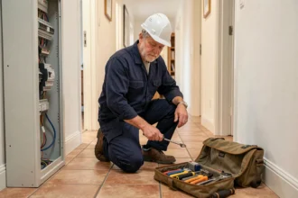 Électricien professionnel en intervention d'urgence dans une maison en Maine-et-Loire, travaillant sur un tableau électrique