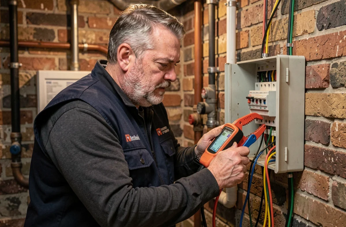 Électricien Électricité Brunet testant des connexions électriques dans une cave technique avec un ampèremètre à pince en Maine-et-Loire