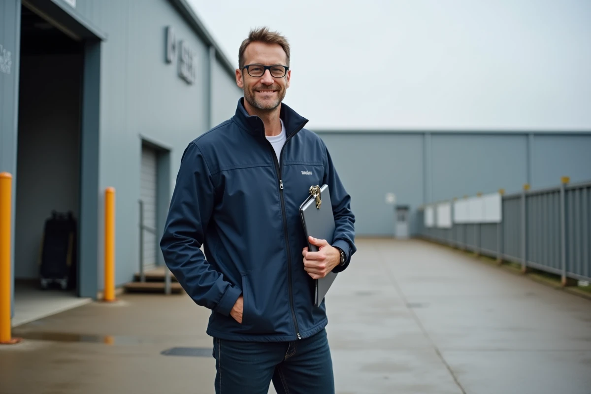 Employé en tenue de travail devant une entreprise industrielle en périphérie de Saralbe, symbolisant l'emploi local et le tissu économique de la région