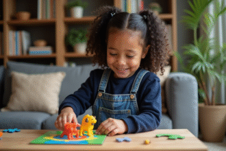 Fille de 8 ans assemble un puzzle animal en 3D dans un salon chaleureux