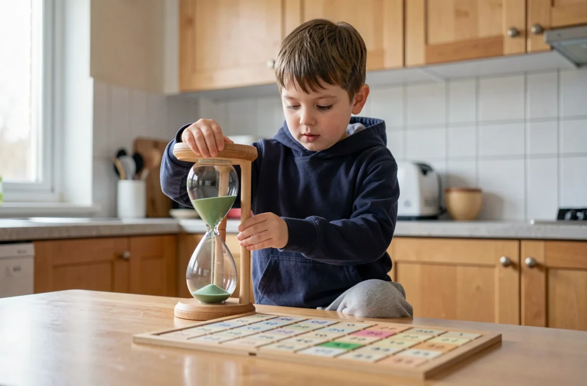Enfant retournant un sablier devant un jeu de plateau, symbolisant l'apprentissage de la gestion du temps par le jeu