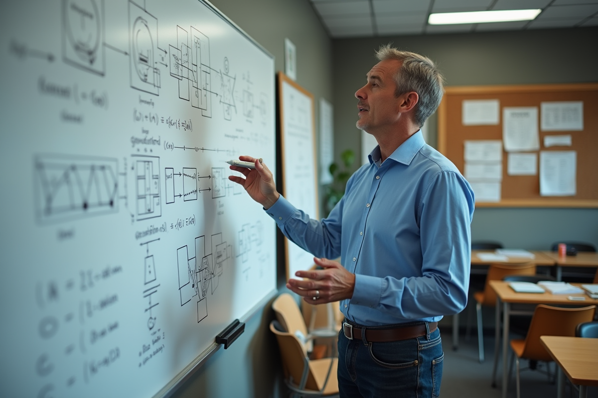 Homme expliquant des diagrammes scientifiques au tableau blanc en classe