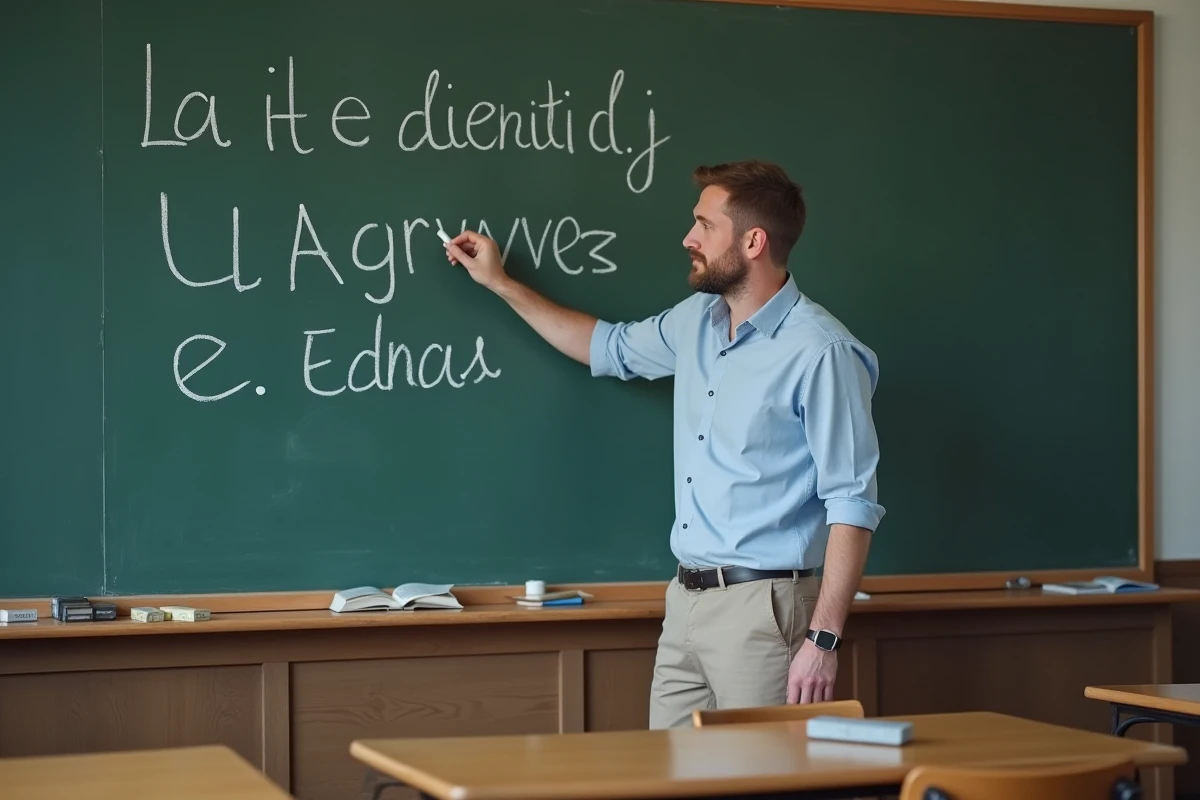 Enseignant écrivant l alphabet au tableau dans une classe authentique