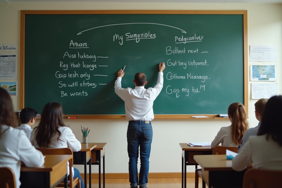 Enseignant écrivant principes pédagogiques sur le tableau