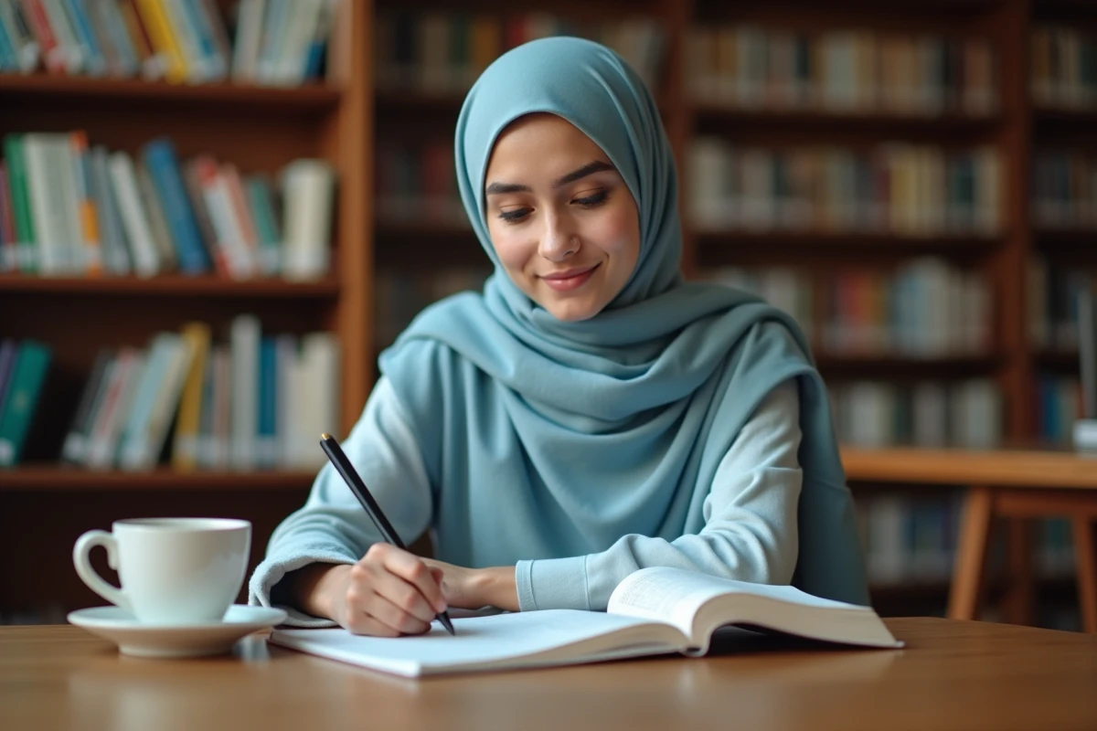 Jeune femme en hijab prenant des notes sur la sourate Al Kahf avec une traduction française du Coran dans une bibliothèque universitaire