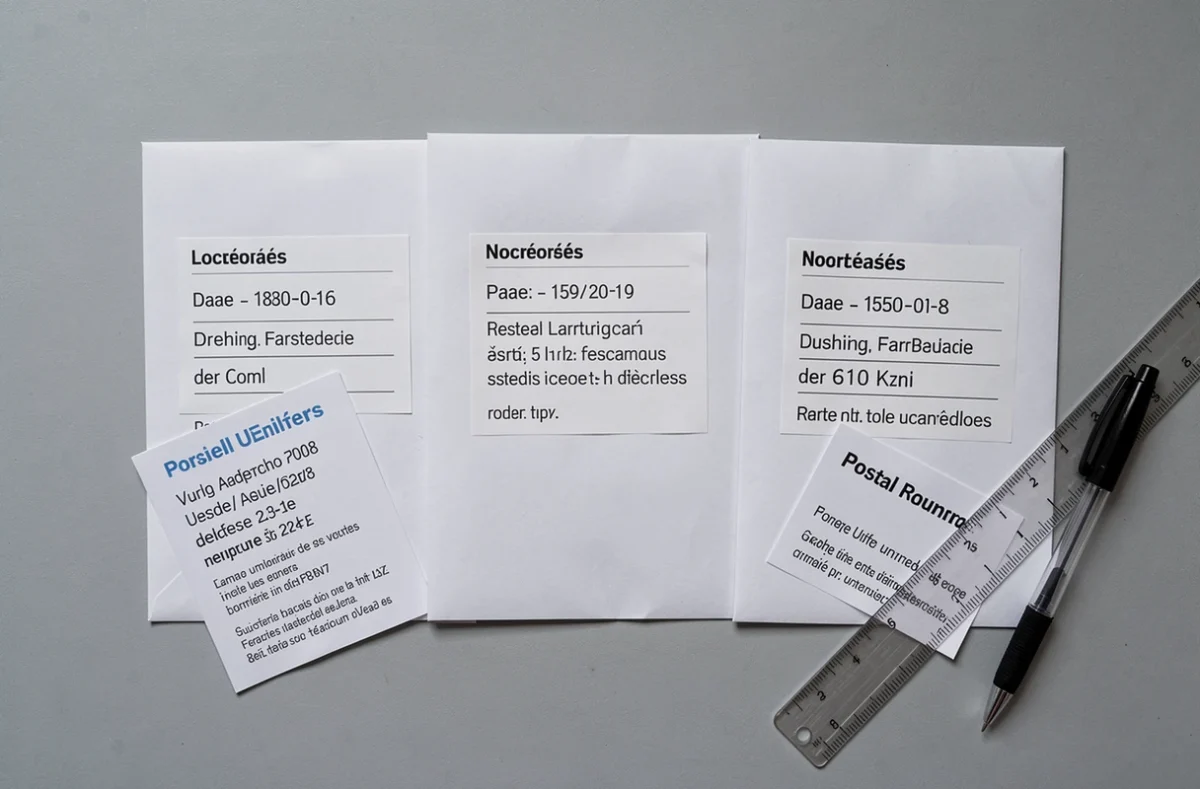 Vue aérienne d'enveloppes avec libellés postaux conformes aux normes françaises d'adressage