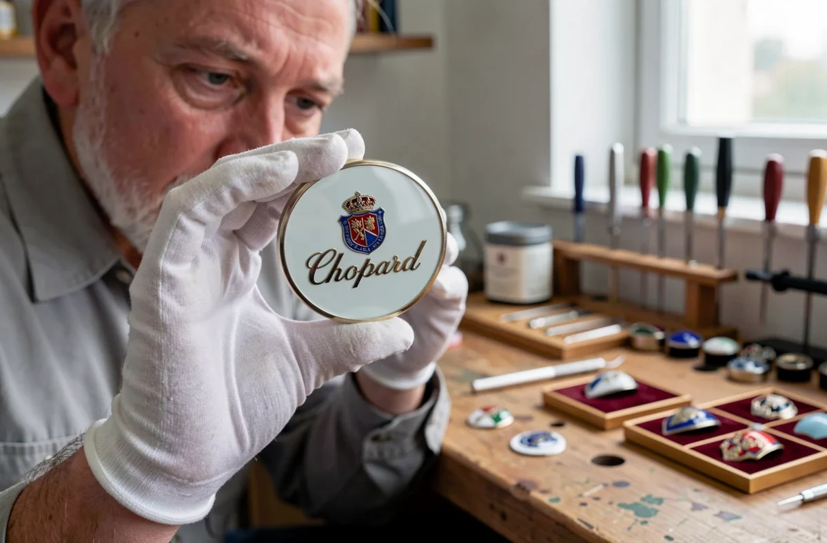 Expert horloger en gants blancs inspectant une plaque émaillée Chopard en atelier
