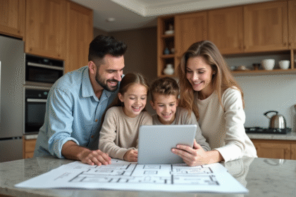 Famille souriante dans une cuisine moderne et chaleureuse