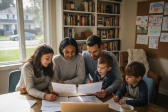 Famille jeune en train de revoir des documents d'assurance santé