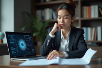 Femme d affaires en réunion juridique et intelligence artificielle