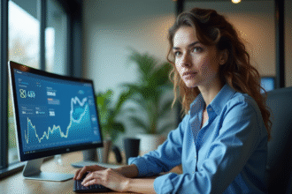 Femme analysant des données web sur un écran dans un bureau moderne