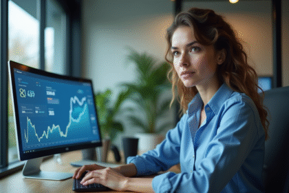 Femme analysant des données web sur un écran dans un bureau moderne