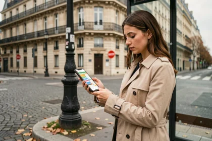 Jeune femme consultant une application de carte des bus parisiens sur smartphone à un arrêt de bus à Paris