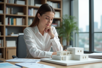 Femme en blouse blanche examinant un modele 3D en bureau moderne