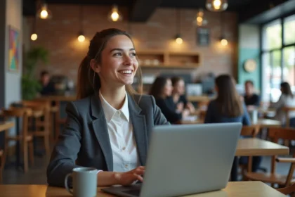 Jeune femme professionnelle travaillant au café