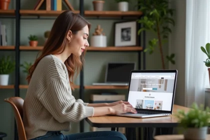 Jeune femme au bureau regardant son ordinateur portable