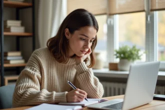 Jeune femme concentrée travaillant sur son ordinateur dans un bureau lumineux