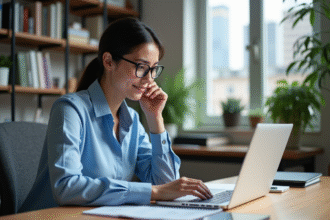 Jeune femme professionnelle travaillant sur son ordinateur dans un bureau moderne