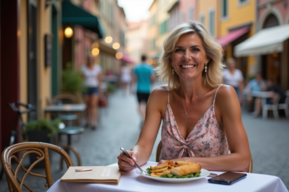 Femme souriante dans un café européen ancien