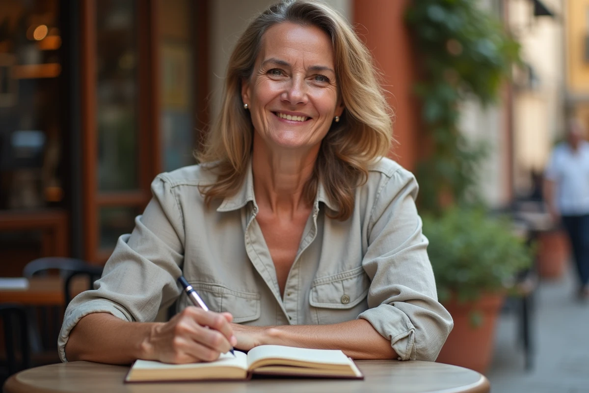 Femme assise au café écrivant un numéro espagnol dans un carnet