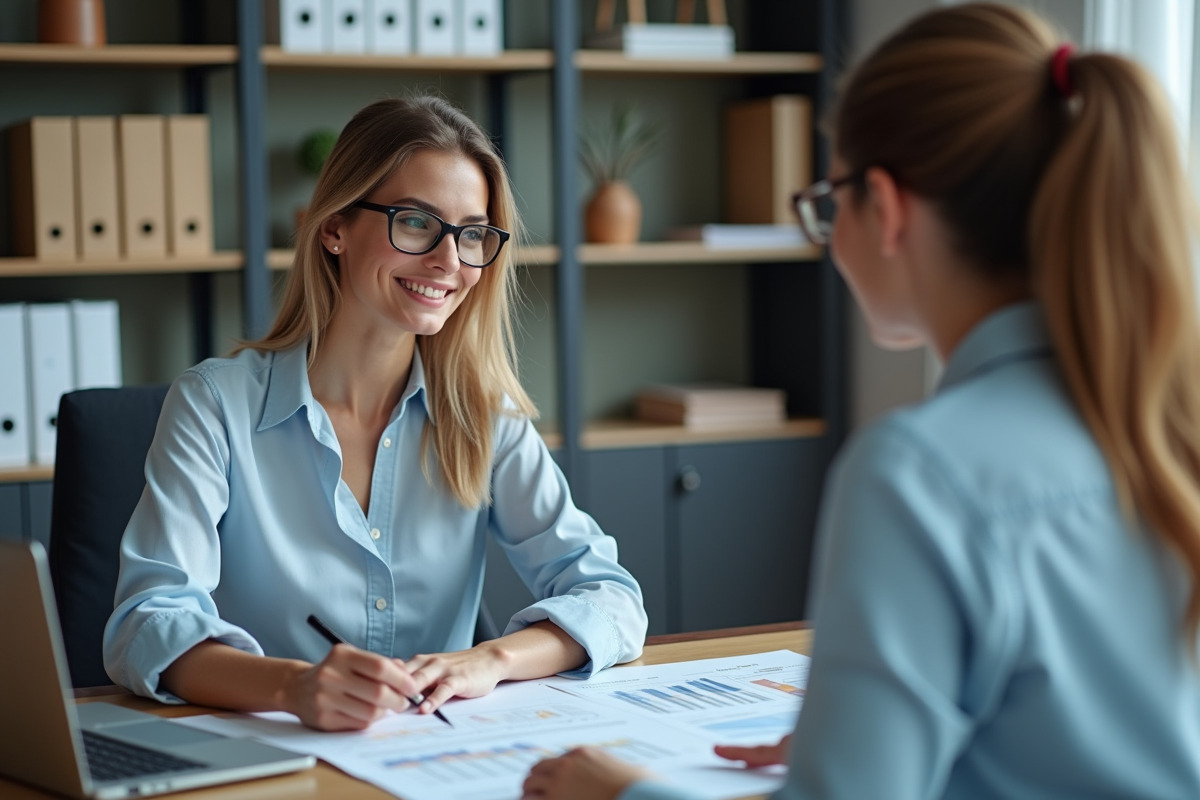 Femme rencontrant un conseiller fiscal dans un bureau moderne