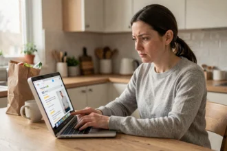 Femme consultant des avis clients sur un site de notation en ligne depuis son ordinateur portable dans une cuisine moderne