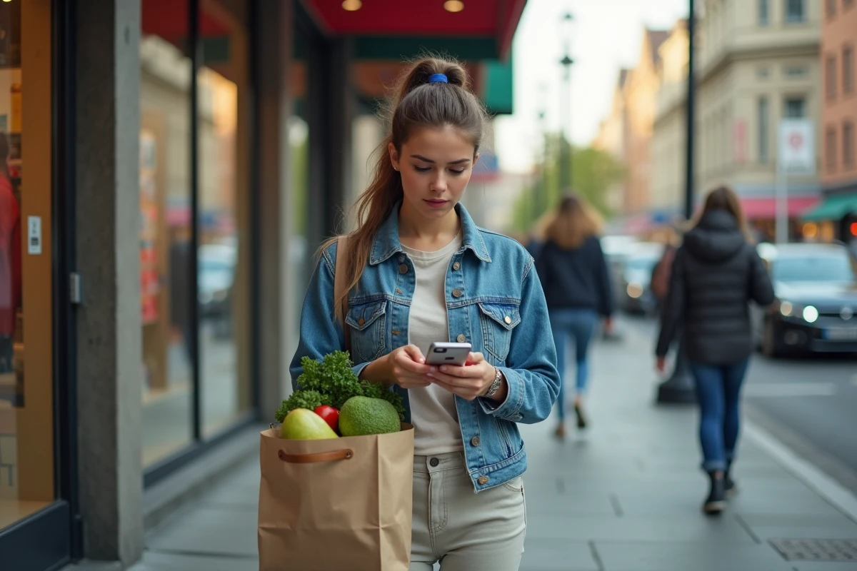 Jeune femme faisant ses courses dans une rue urbaine