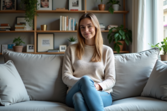 Jeune femme détendue dans un appartement parisien