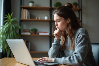 Jeune femme frustrée devant son ordinateur portable découvrant les conditions cachées d'un service en ligne