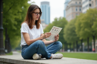 Femme en jeans et t-shirt lisant un dépliant mode durable