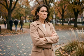Femme déterminée debout à un carrefour dans un parc urbain automnal, symbolisant la résistance face à la manipulation